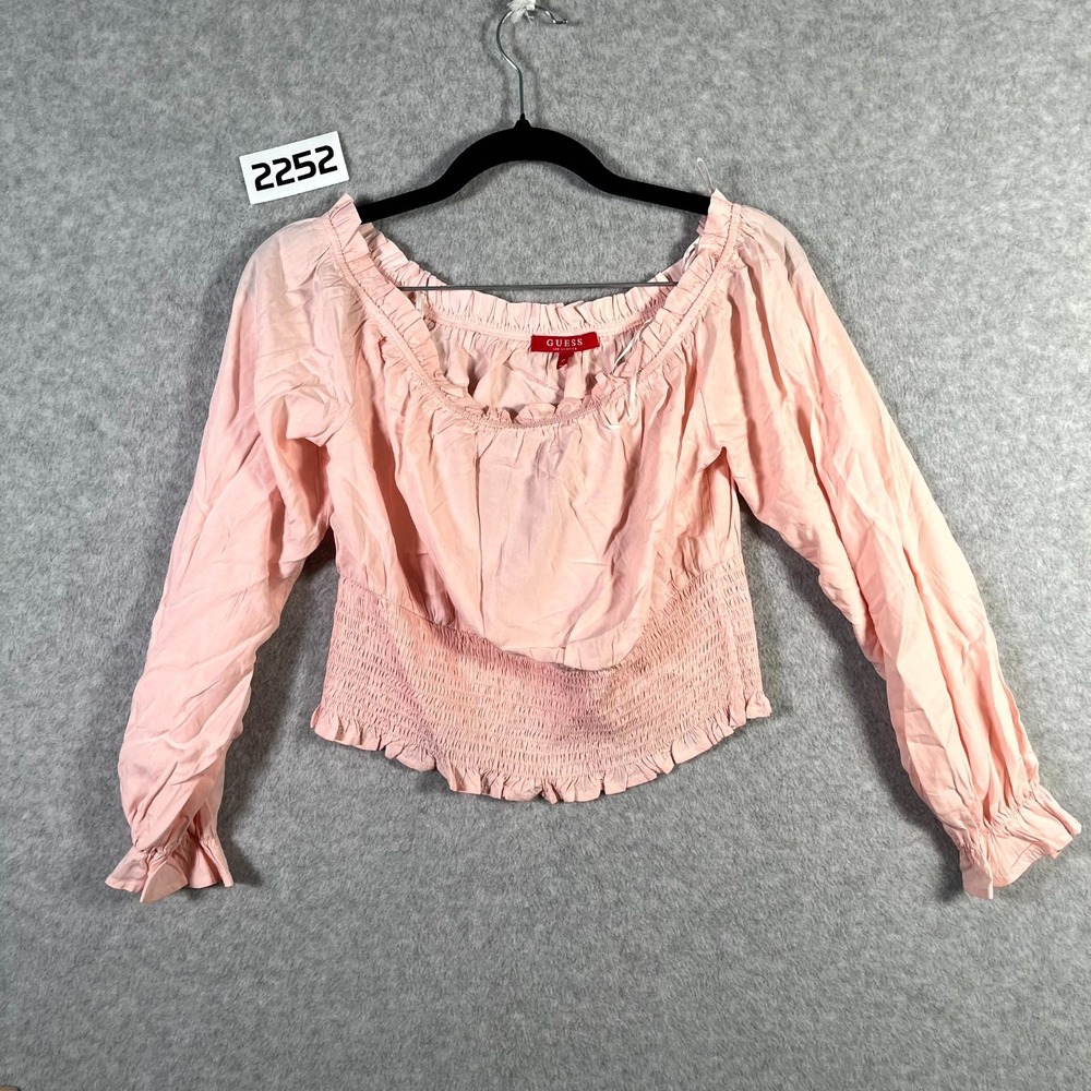 Guess Blouse Top Womens Medium Pink Ruched Smocked Waist Camila Off The Shoulder